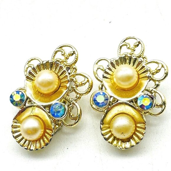 Filigree Faux Pearl Earrings Clip On Aurora Borealis Beads Gold Tone Glam Bling - Picture 1 of 10